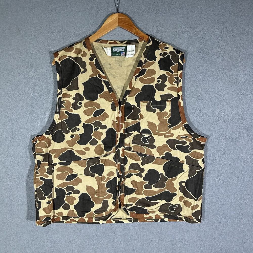 SafTbak Hunting Vest Mens Tan Green Camouflage Utility Pockets Vintage Large